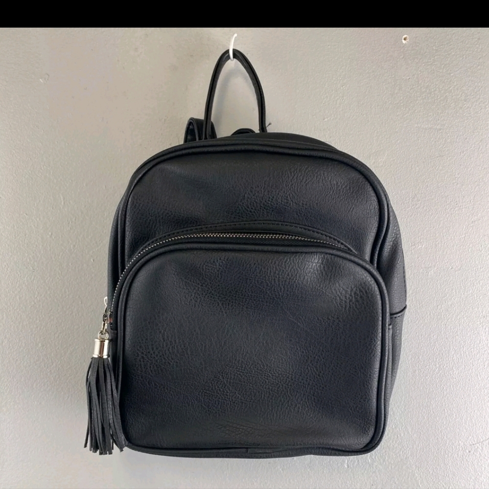 Black Faux Leather Backpack with Tassel 11 In